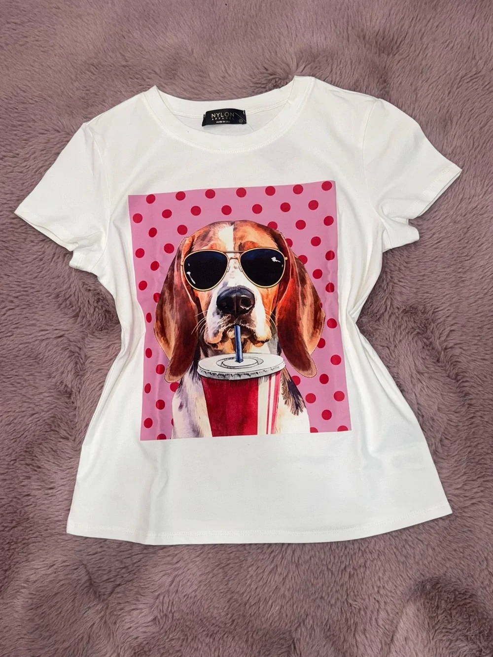 White Dog Graphic Tee with Pink Polka Dot Print